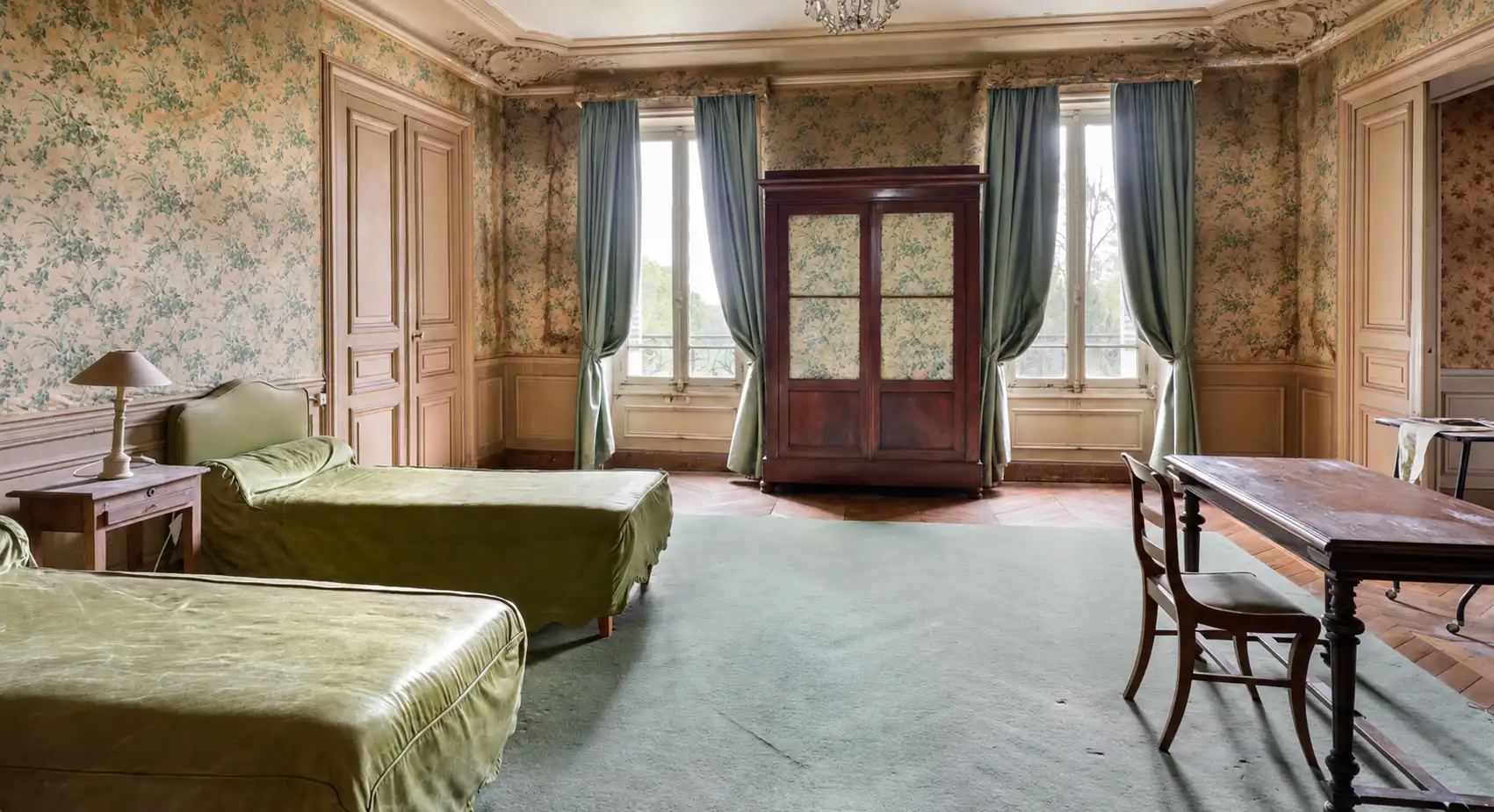 Chambre ancienne aux murs vert pâle, deux lits à couvre-lits verts, armoire à glace