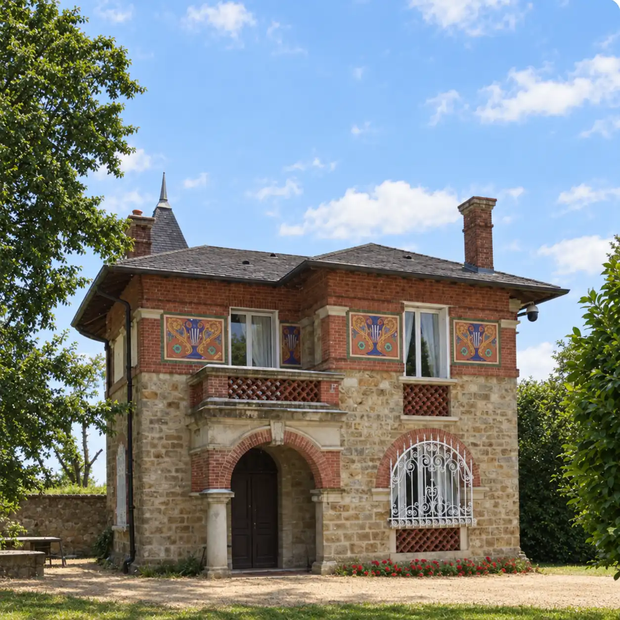 Façade en pierre et brique du Gardien, avec sa frise de céramique et sa grille en fer forgé