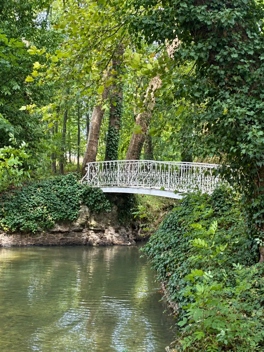 Passerelle en fer forgé blanc enjambant la rivière sous les arbres