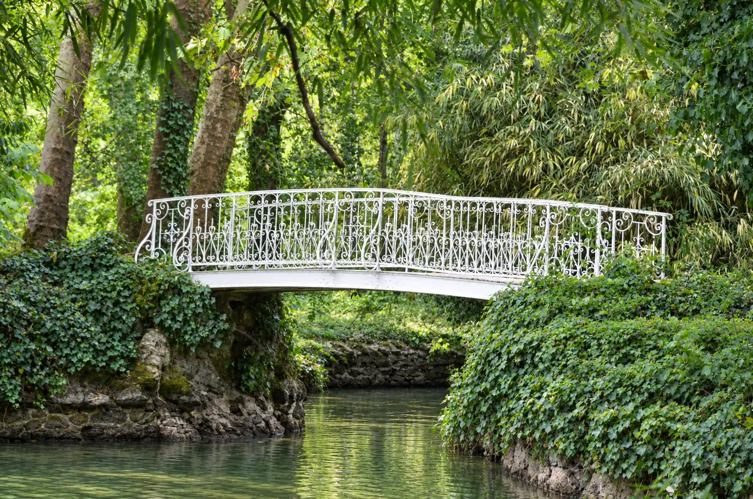 Passerelle blanche ouvragée au-dessus de l'eau, feuillage dense