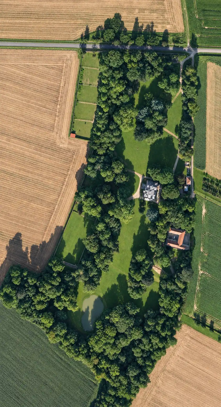 Vue aérienne du parc boisé du domaine, du château et de l'étang, entourés de cultures