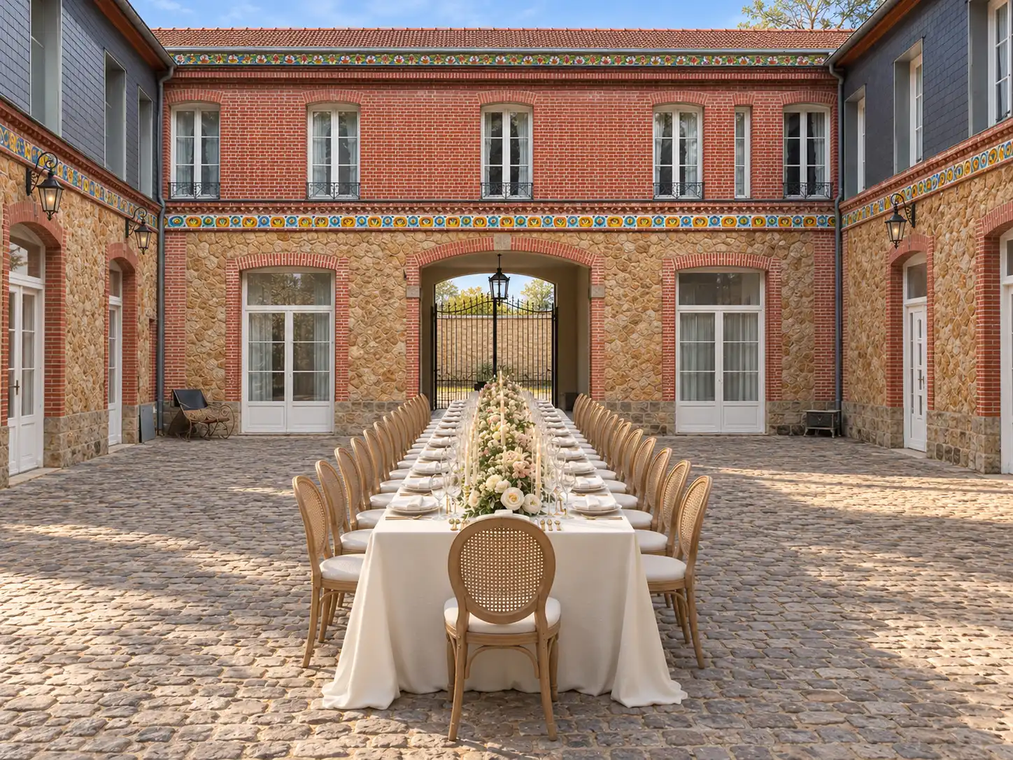 Longue table dressée dans la cour pavée du domaine, face au porche d'entrée.